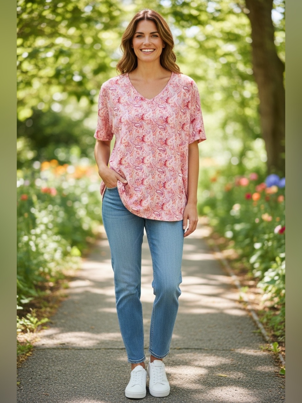 Basic Editions Pink Paisley Short Sleeve V-Neck Tee